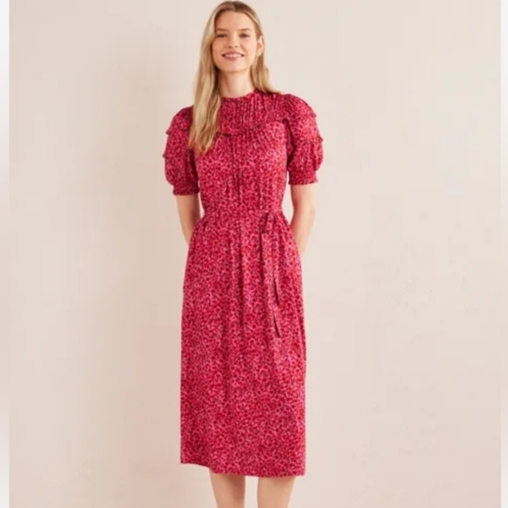 NWOT Boden Gin Fizz Pink & Red Ruffled Smocked Midi Dress